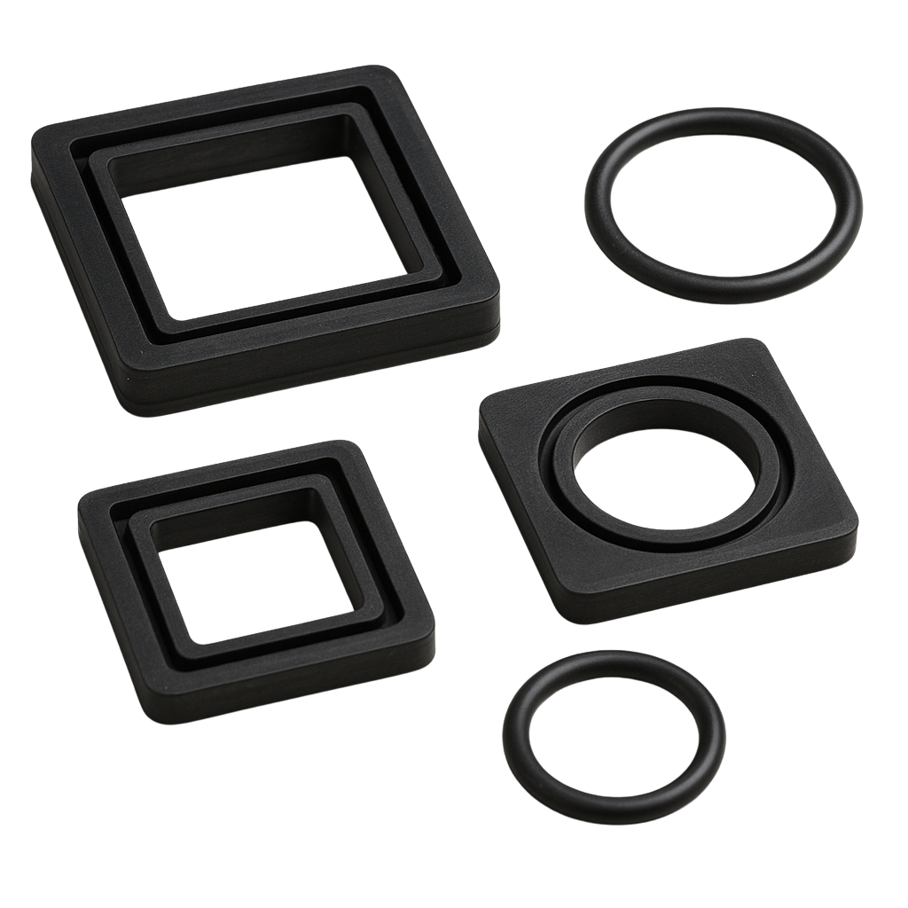 Crni gumeni dihtunzi različitih oblika za industrijsku rasvetu – kvadratni, sa kanalima i O-ring varijantama. Engleski: Black rubber gaskets in various shapes for industrial lighting – square types with grooves and O-ring styles